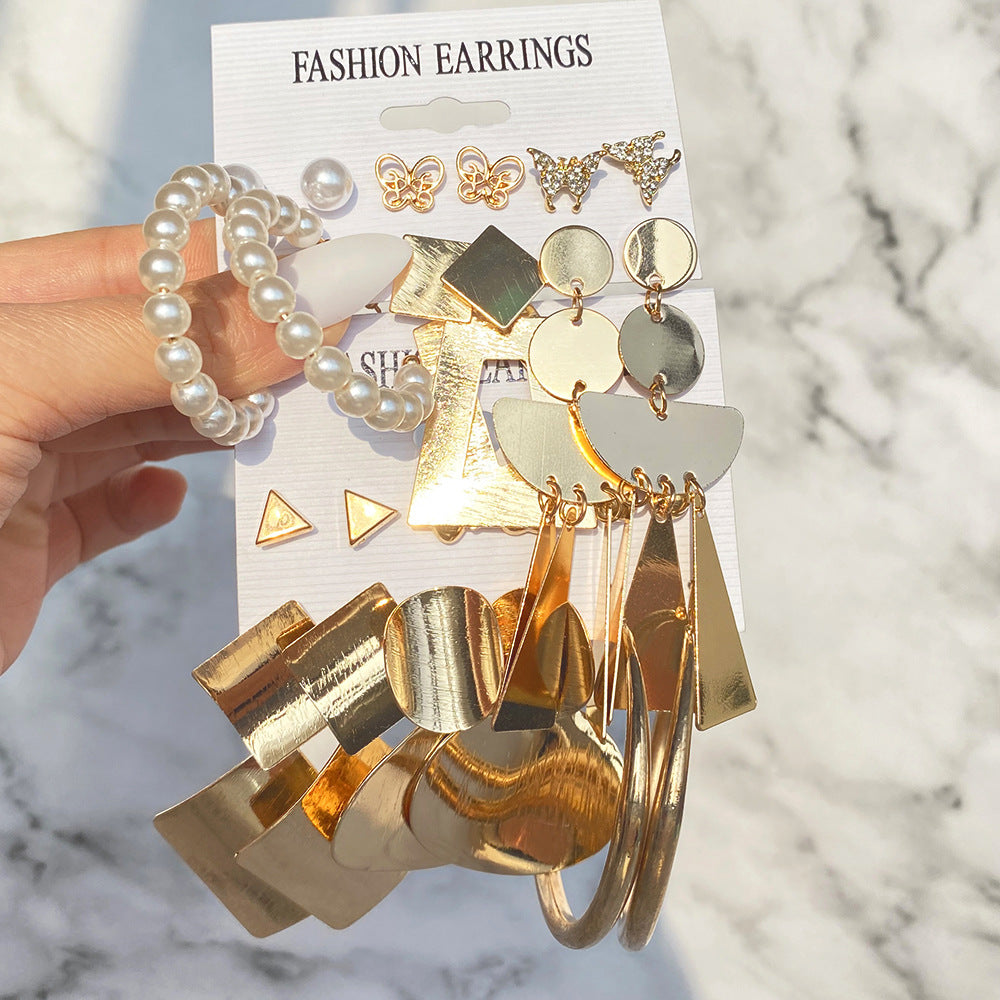 5 Sets New Retro Style Geometric Earrings 6 pairs Set Female Niche High-Grade Metal Stud Jewelry Set