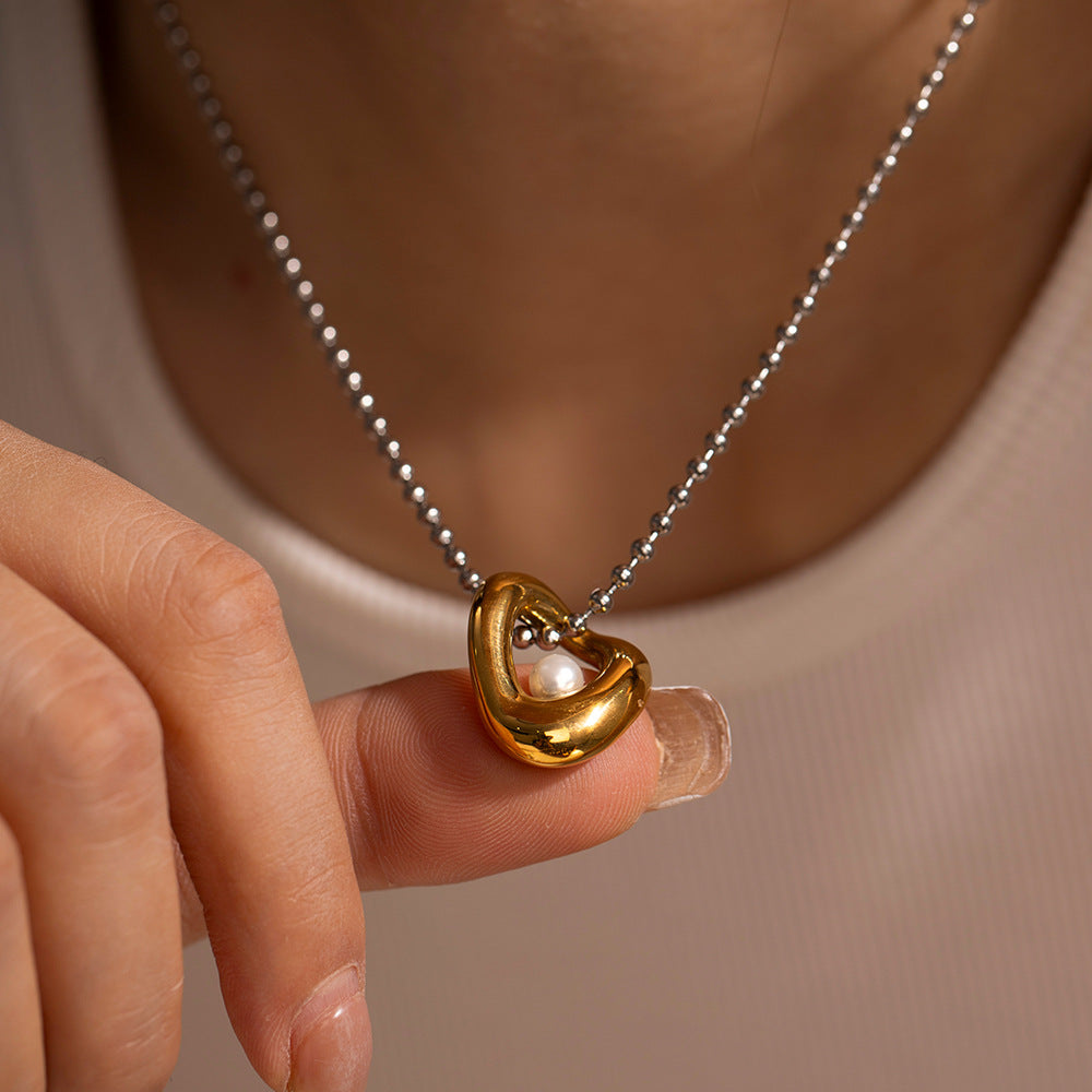 5pcs Fashion Popular 18K Gold Stainless Steel Gold And Silver Matching With Pearl Beads Personality Pendant Necklace