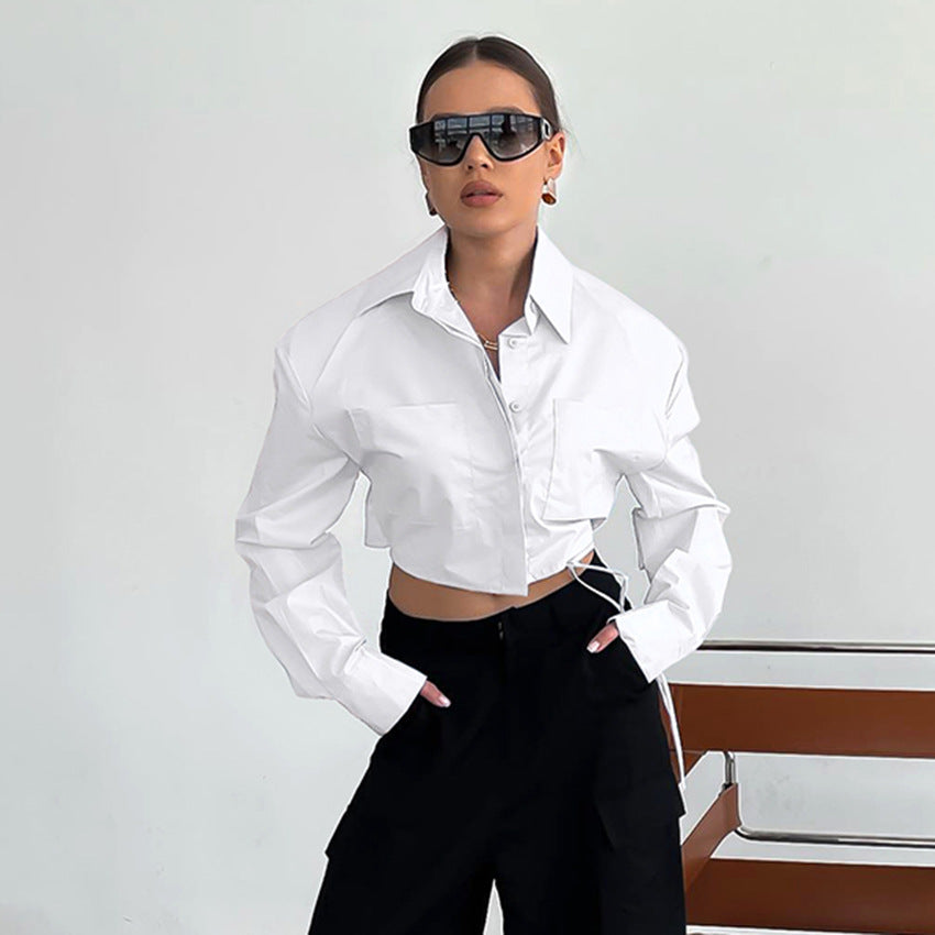 Fashion Women's Short Shirt Retro Padded Shoulder Top Long Sleeve New Spring White Shirt