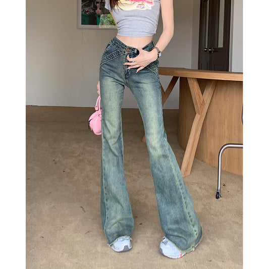 High-Waisted Micro-Cut Jeans Girl Spice Retro Raw Edge Design Sense Slim Loose Straight Tube Flared Floor Pants