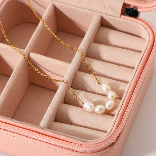5pcs Exquisite Stainless Steel Jewelry 18K Gold Plated Collarbone Chain Natural Light Pearl Necklace Jewelry Women