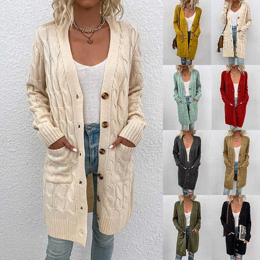 Drizzle Knitwear Autumn And Winter New Long Twist Sweater Women New Button Cardigan