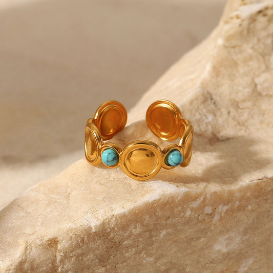 5pcs Natural Turquoise Stainless Steel Ring Summer Bohemian Women's Jewelry Open Finger Ring Accessories