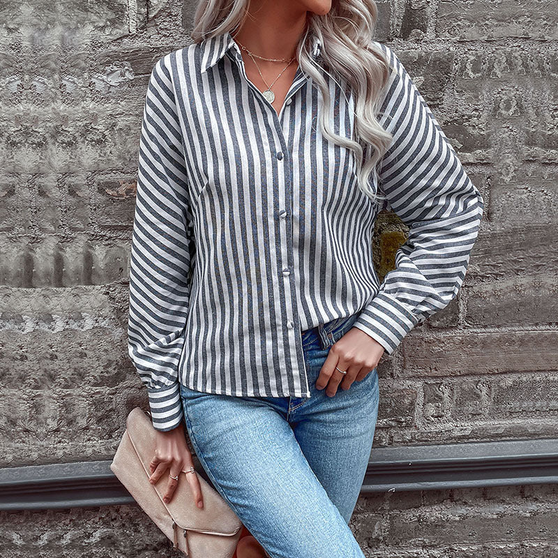 New Spring New Striped Cardigan Shirt Long Sleeve Commuter Lapel Shirt Woman