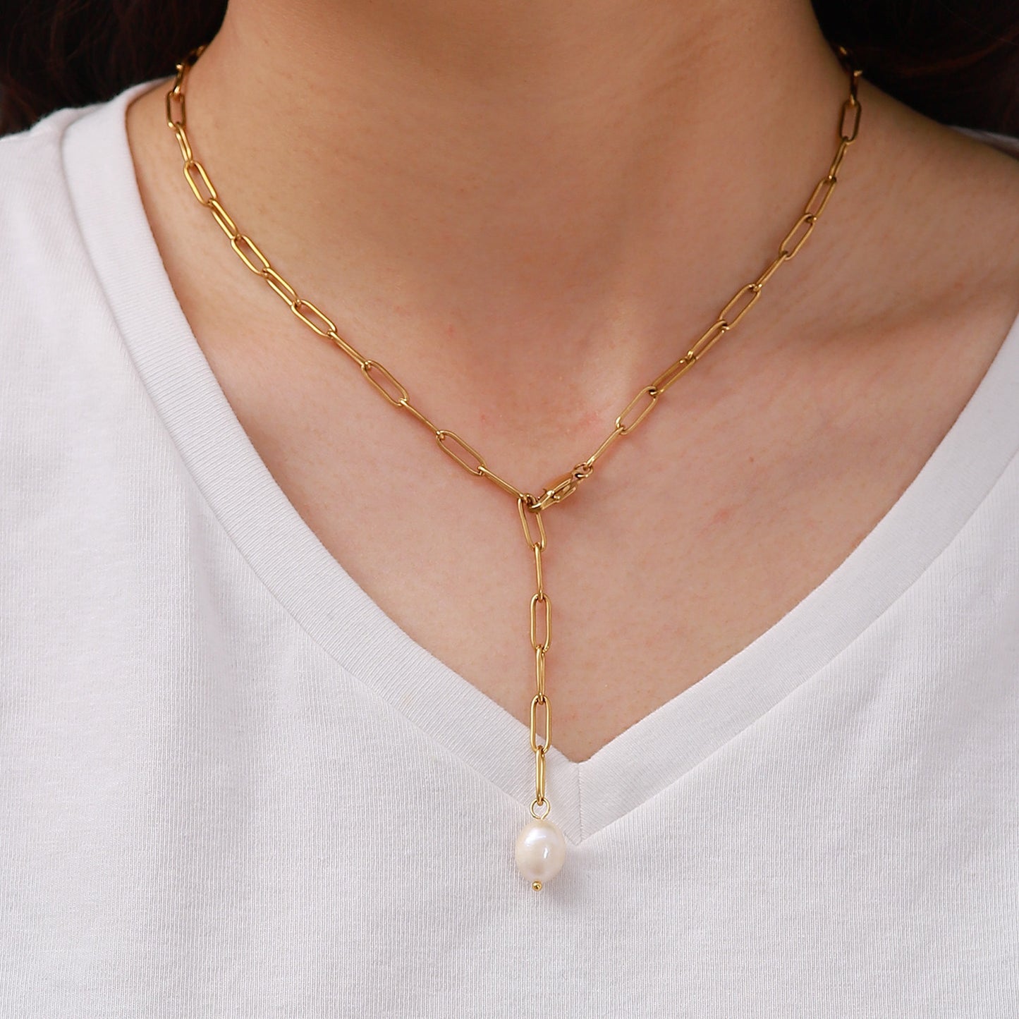 5pcs New Stainless Steel Paper Clip Chain Pearl Necklace Y Shape Light Pearl Pendant Necklace For Women