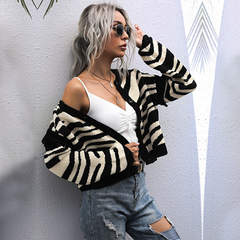 Lazy Autumn Zebra-Print Cardigan Knit Sweater Short Coat Women