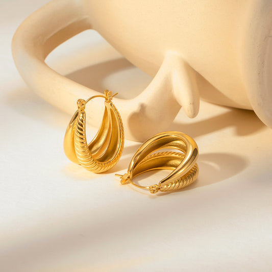 5pcs New 18K Gold Plated Double Smooth Ribbed Oval Pot Earrings Fashion All Matching Earrings
