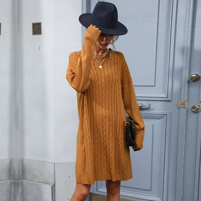 Knit Solid Color Long Sleeve Sweater Dress with Round Neck and Hemp Pattern