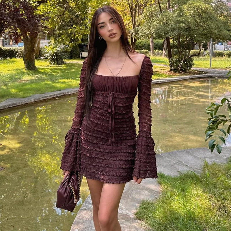 Women's Autumn New Sexy Square Collar Low Cut Trumpet Sleeve Slim Wrap Hip Skirt Cake Skirt
