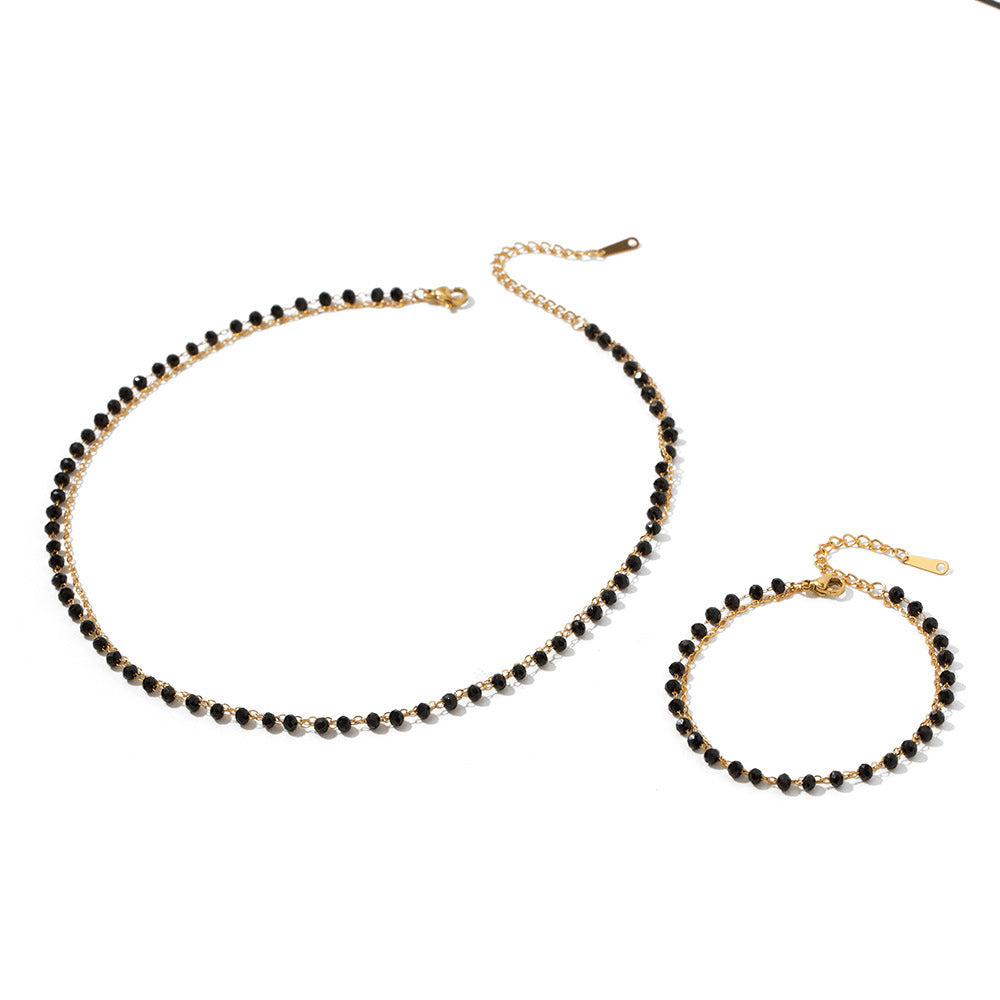 5pcs Bohemian Style Stainless Steel Black Bead Glass Stone Double Necklace Black Glass Sliced Bead Necklace Women's Jewelry