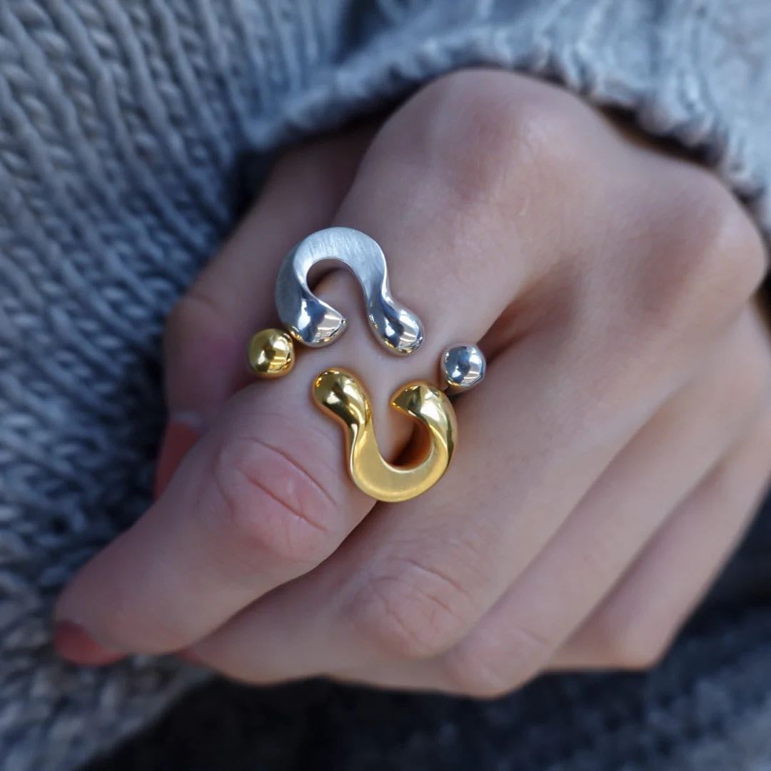5pcs 18K Gold Plated Irregular Stainless Steel Open Ring Women's All-Matching Hand Jewelry Without Fade