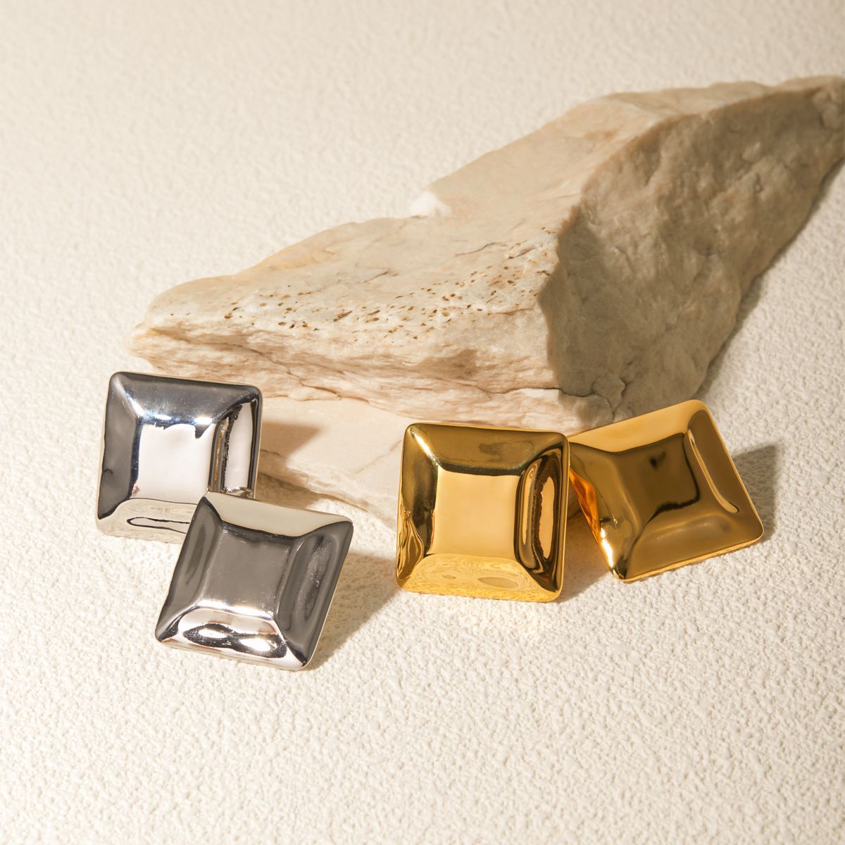 5pcs Same Earrings 18K Gold Plated Stainless Steel Concave Square Earrings Medieval Square Stud Earrings