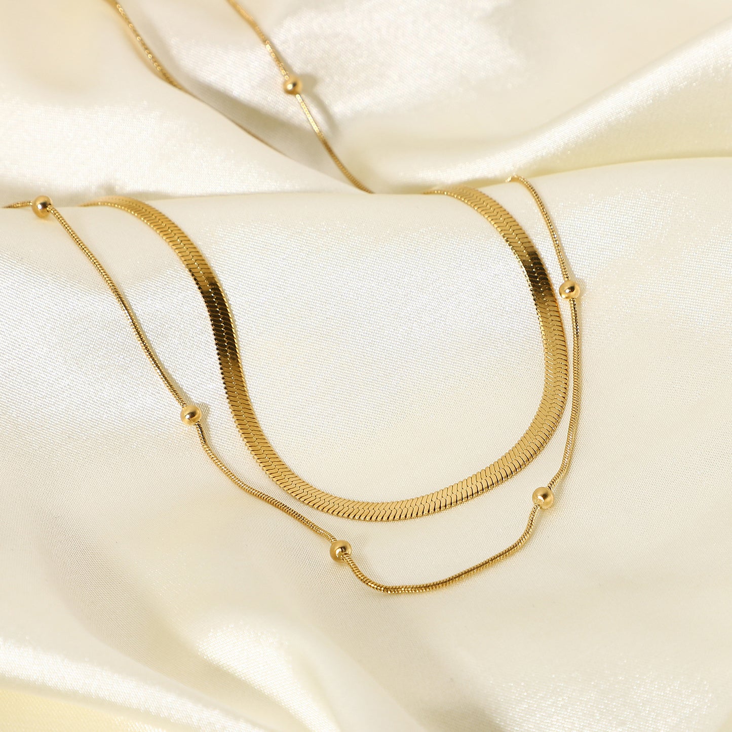 5pcs New Fashion Stack Stainless Steel Collar Necklace 14K Gold Plated Round Bead Chain Jewelry Snake Chain Necklace Women's Style