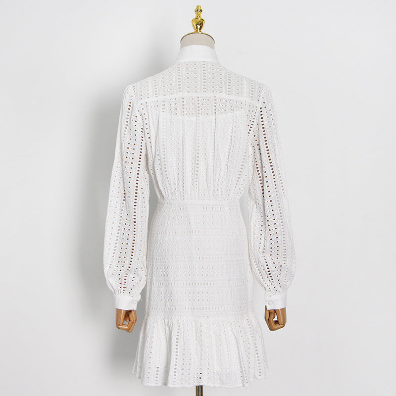Elegant Temperament A-Line Skirt High Neck Long Sleeve Patchwork Embroidery Hollow-Out Single Breasted Dress Woman