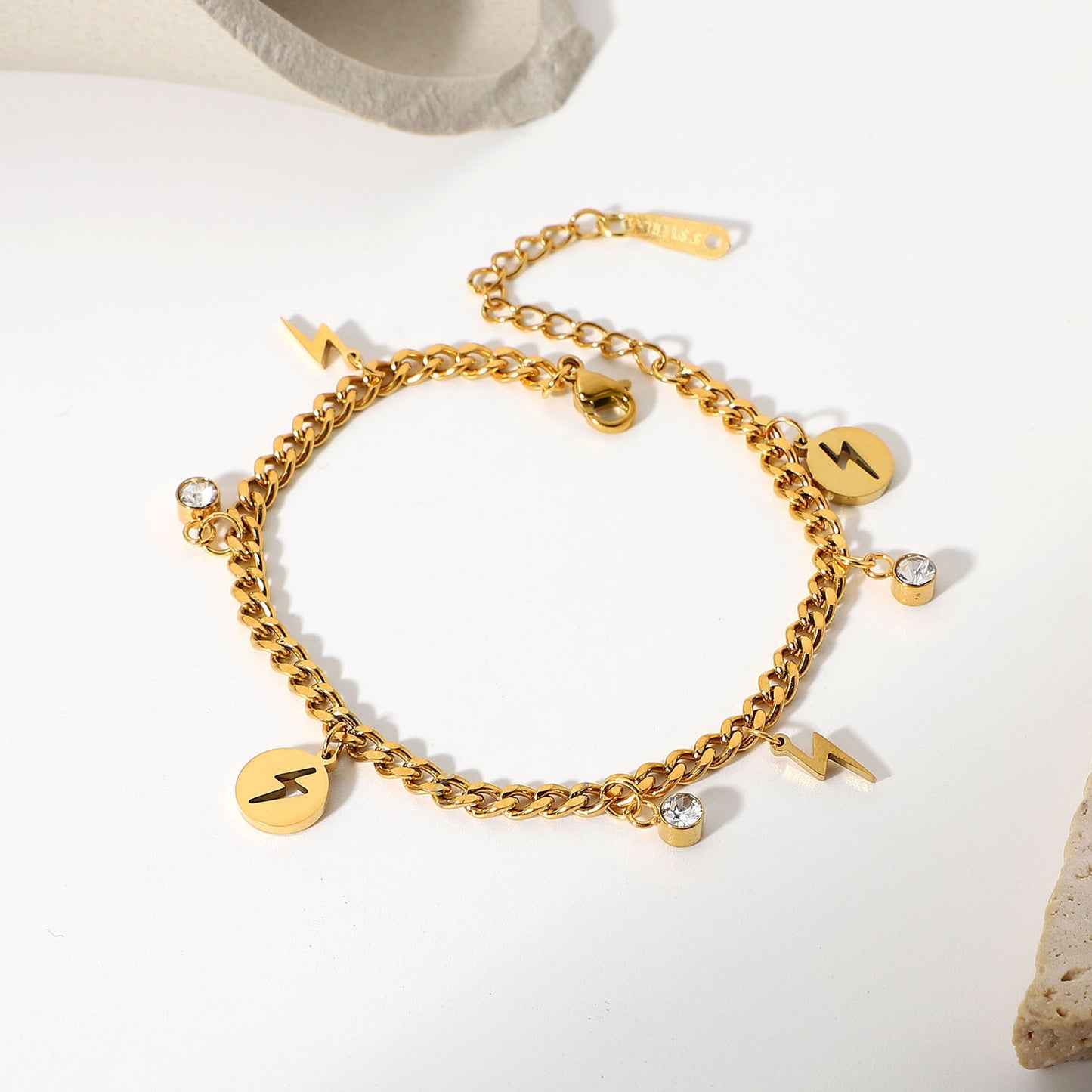 5pcs Personality With 18K Gold-Plated Stainless Steel Lightning Small Round Zircon Pendant Bracelet For Ladies