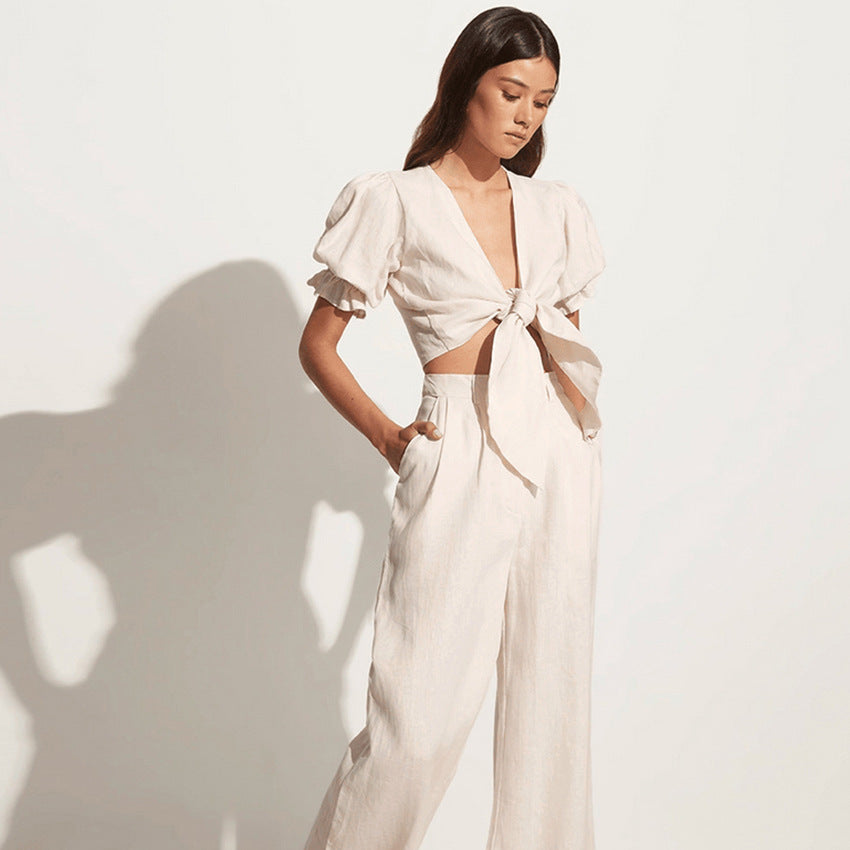 New Cotton And Linen Bubble Sleeve V-Neck Slim Short Sleeve Top And Pants Summer Fashion Women's Two-Piece Set