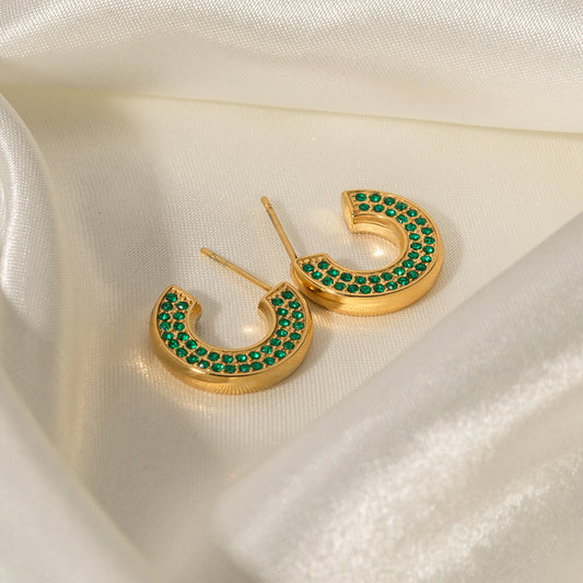 5pcs New All-Match 16K Gold Stainless Steel C Shape Green Zircon Earrings Fashion Earrings