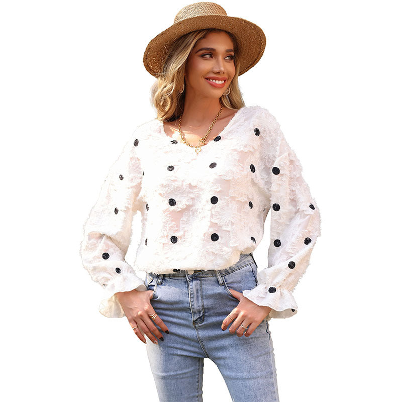 New Spring Women's Blouse Long Sleeve V-Neck Polka Dot White Shirt