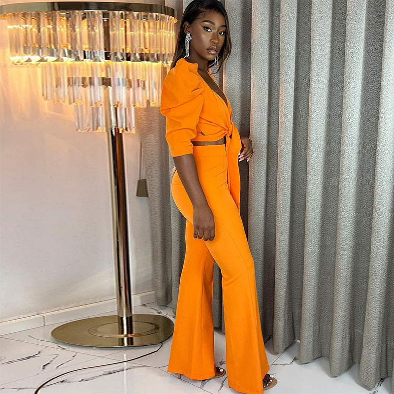 Women's Autumn And Winter New Sexy Bubble Sleeve Low Neck Short Top High Waist Pants Suit
