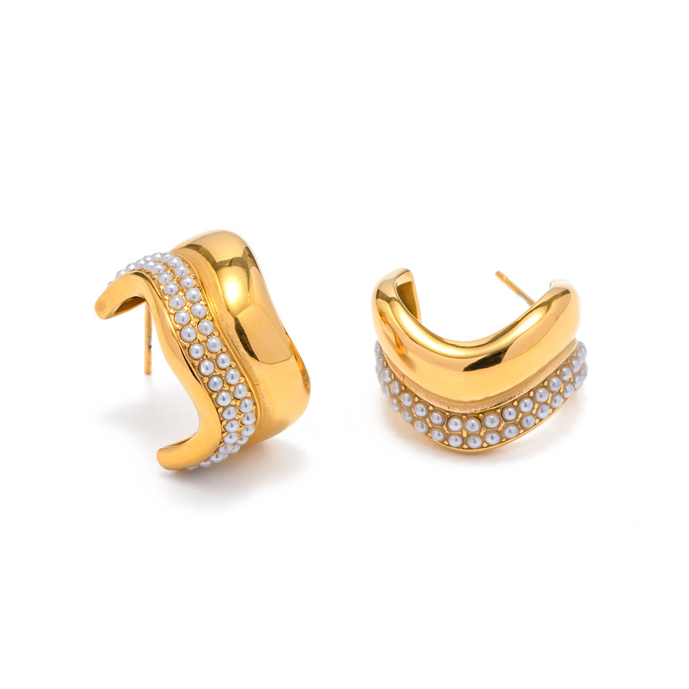 5pcs Fashion Style 18K Inlaid Pearl C Shape Earrings Classic Inlaid Earrings