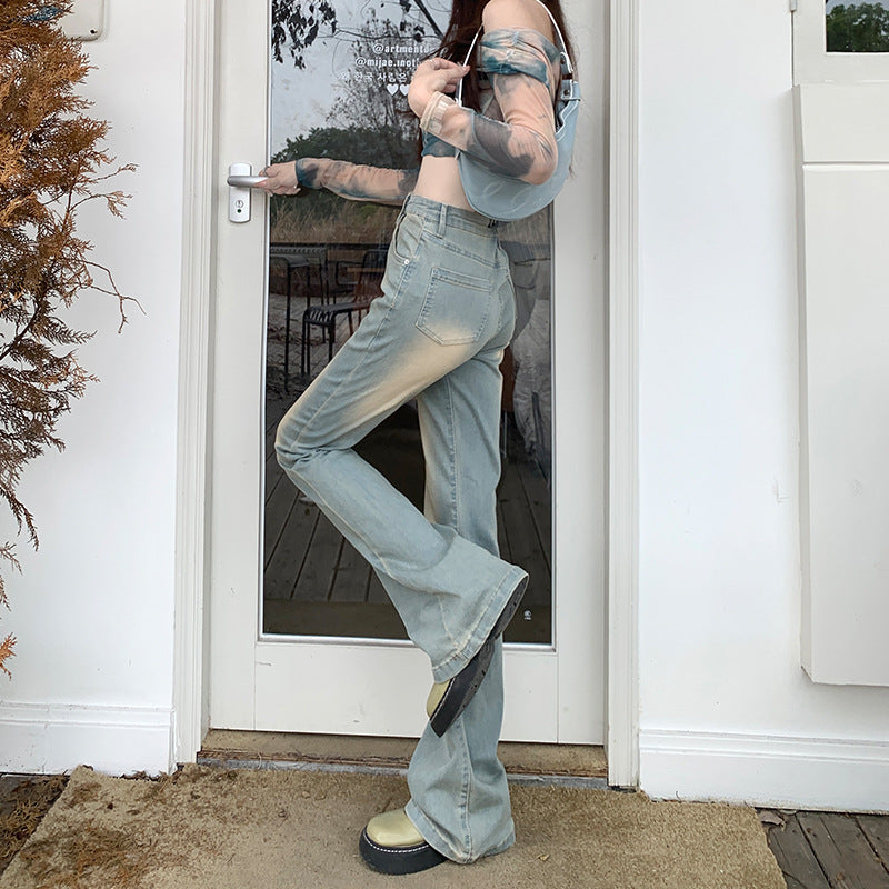 Retro Spice Micro-Cut Jeans For Women Autumn New High-Waisted Slimming All With Horseshoe Bell Bottoms
