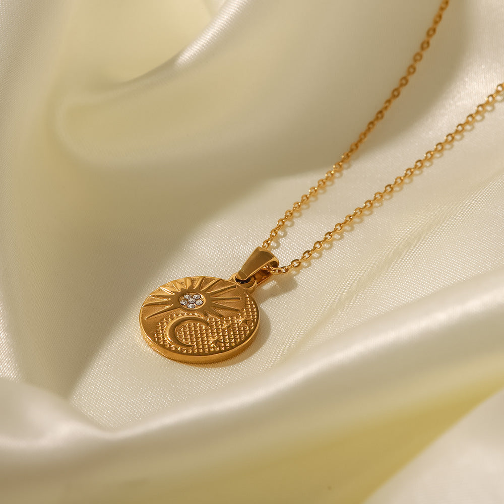 5pcs Titanium Steel Necklace 18K Gold Plated Stainless Steel Zircon Sun Half Moon Pendant Necklace Women