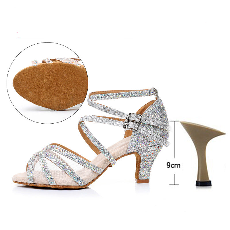 Summer New Diamond Latin Dance Shoes Female Adult Authentic Sandals Professional Soft Soled Dance Shoes High Heels