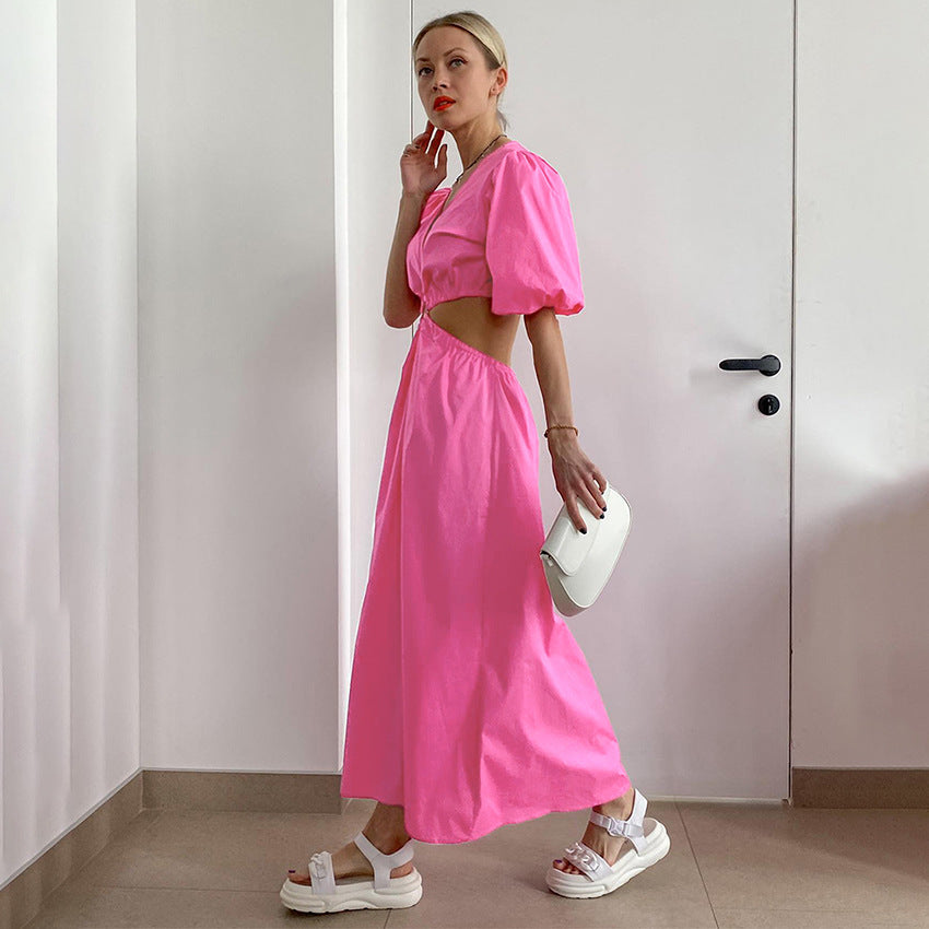 Holiday Dress Midi Spring And Summer New Bubble Sleeve Hollow Design Sense Of Commuter Casual Woman