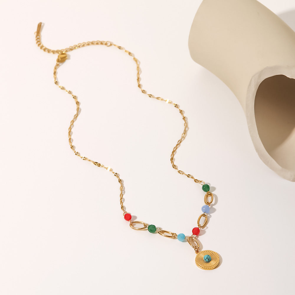 5pcs 18K Gold Stainless Steel Disc Set Turquoise Pendant Necklace Women's Fashion All-Match Titanium Steel Colored Bead Necklace