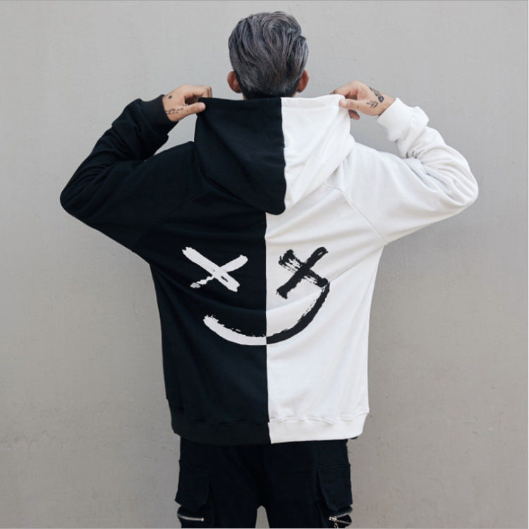Men's Casual Fashion Color Matching Smiley Hoodie Long Sleeve Sports Hooded Top Men's Wear