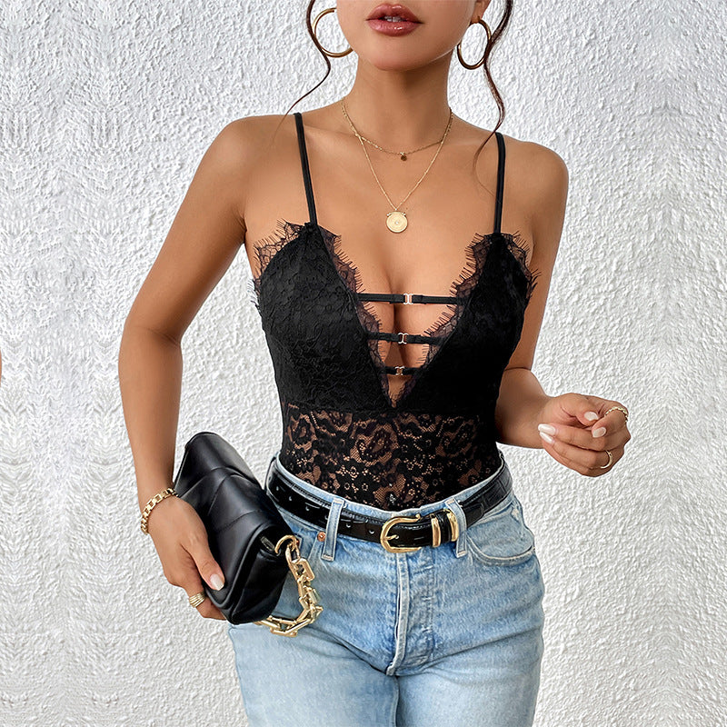 Lace Strap Onesie Niche Design Sexy Transparent Black Lace Onesie