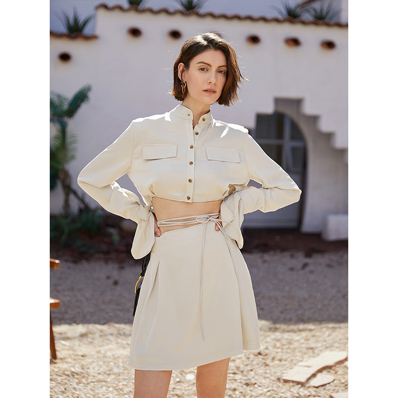 Sensual Lace-Up Long-Sleeved Shirt Skirt Suit