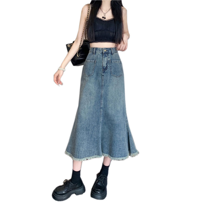High Waist Raw Edge Fringe Fishtail Denim Skirt Women A Line Loose Casual Slimming Retro Bag Hip Mid-Length Skirt
