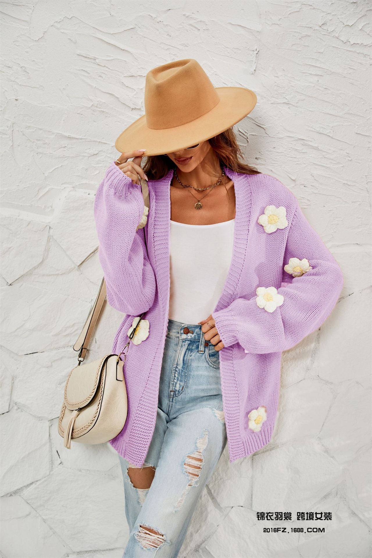 New Winter New Large Size Women's Clothing Flower Cardigan Lantern Sleeve Sweater Coat