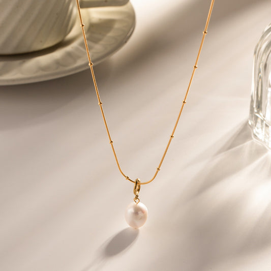 5pcs Fresh Stainless Steel Necklace Does Not Fade Simple Chain Natural Pearl Pendant Necklace Accessories