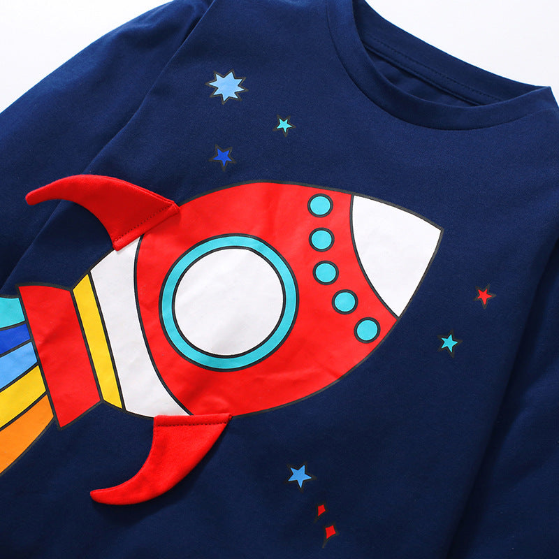 Children's T-Shirt Cartoon Rocket Boy Top Cotton Children's Autumn Children's T-Shirt