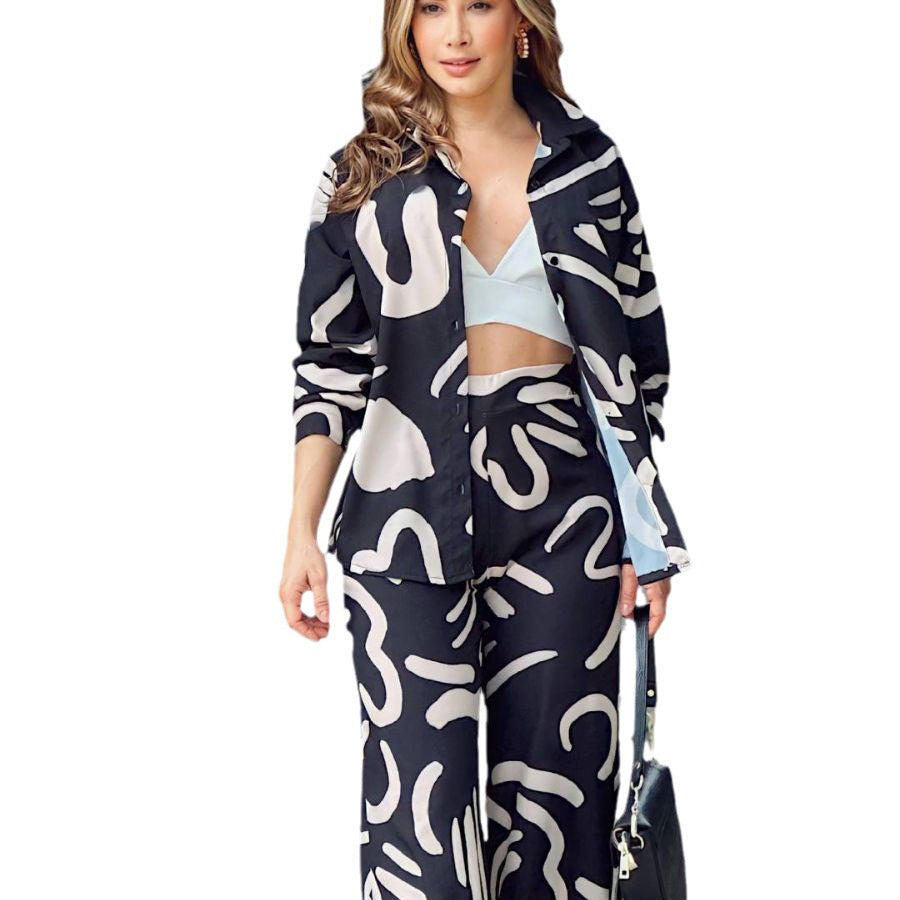 Women's Autumn And Winter New Long-Sleeved Printed Shirt High-Waisted Trousers Fashion Suit Women