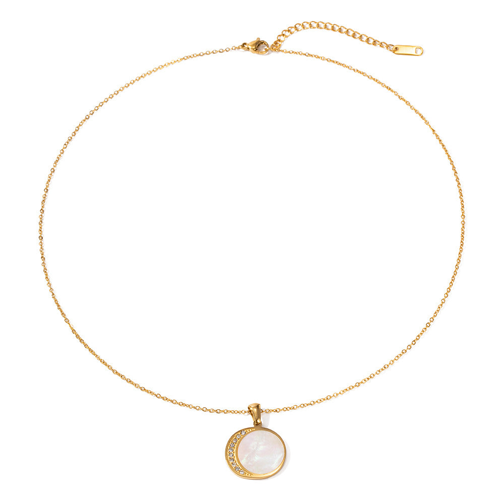 5pcs 18K Gold Stainless Steel Necklace Natural Shell Diamond Zircon Sun And Moon Pendant Necklace Women's Accessories