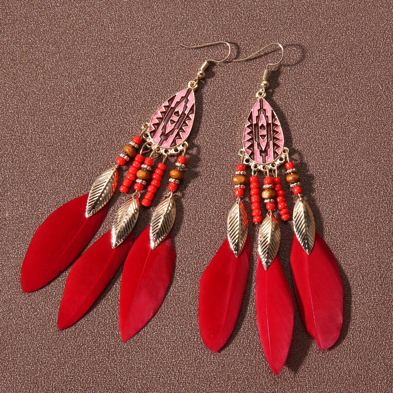 Water Drop Fringe Feather Earrings Women's Long Boho Rice Beads Ears Ethnic Wind Travel Holiday Accessories