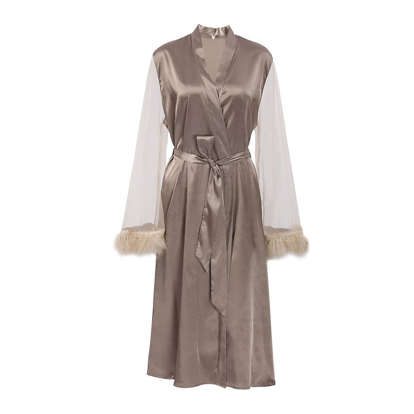 Spring And Summer Feather New Sexy Ice Silk Nightgown Woman Cardigan Binding Gauze Sweat Steaming Dress Home Dress Woman