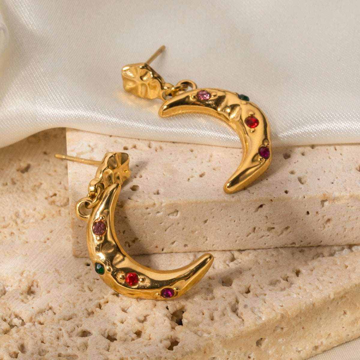 5pcs Hot Sale Of Earrings 16K Gold Stainless Steel Moon Pendant Color Zircon Earrings Jewelry Women