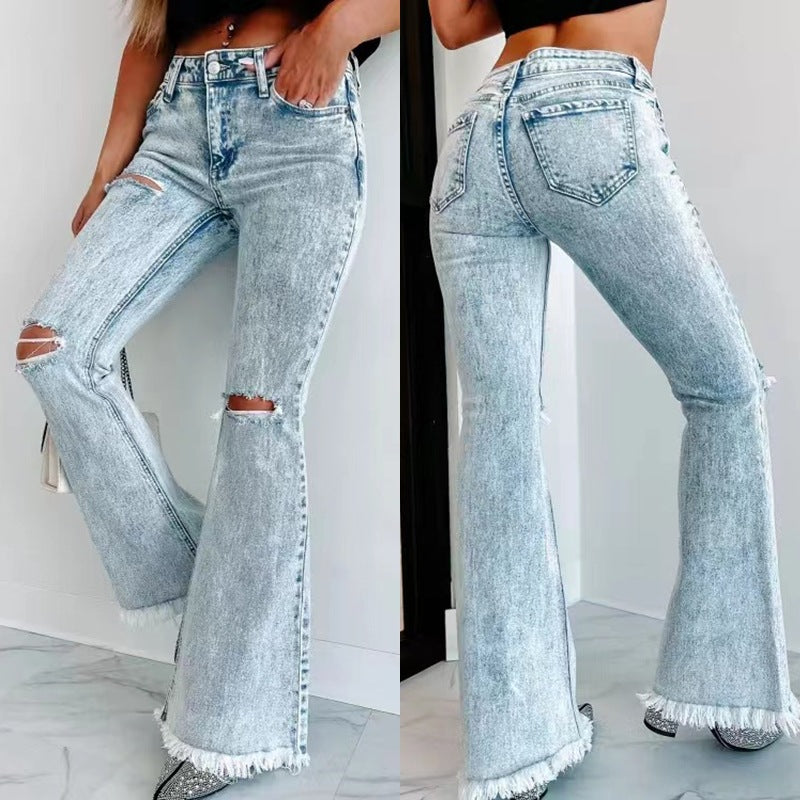 New Long Ripped Jeans Women's Bell-Bottoms Washed High-Waisted Trousers