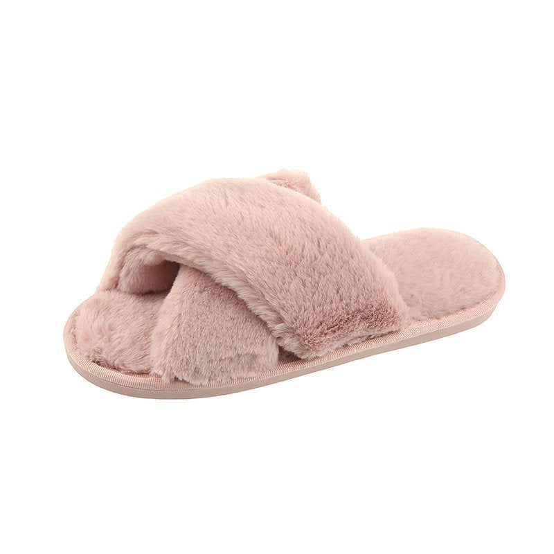 Autumn And Winter New Big Rabbit Velvet Cross-Belt Couple Floor Cotton Slippers Indoor Home Warm Non-Slip Plush Cotton Slippers