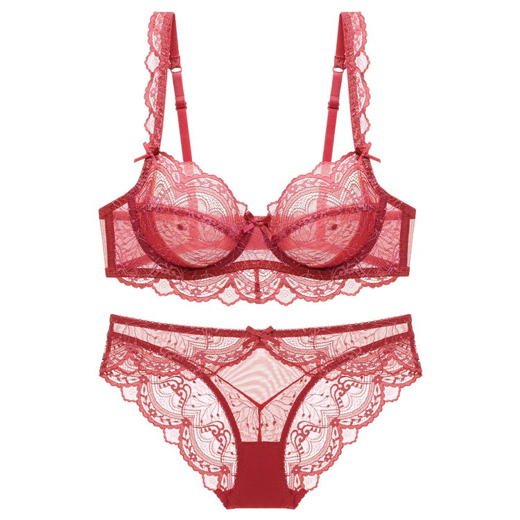 Sexy Underwear Women Ultra Thin Hollow No Sponge Transparent Lace Underwear Big Breasts Small Big Size Bra Set