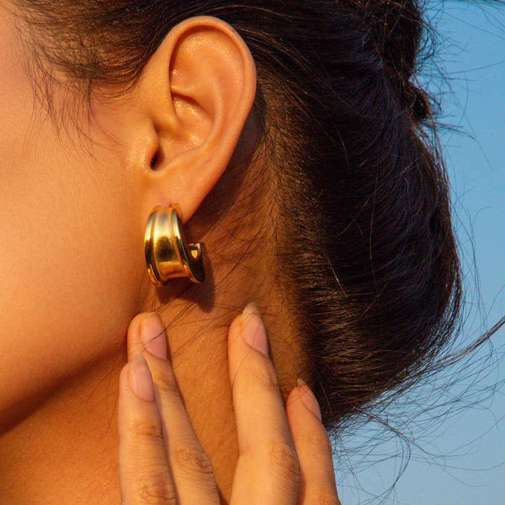 5pcs 18K Gold Stainless Steel C-Shaped Concave And Convex Edge Earrings Blogger With Fashion All-Matching Earrings Girl