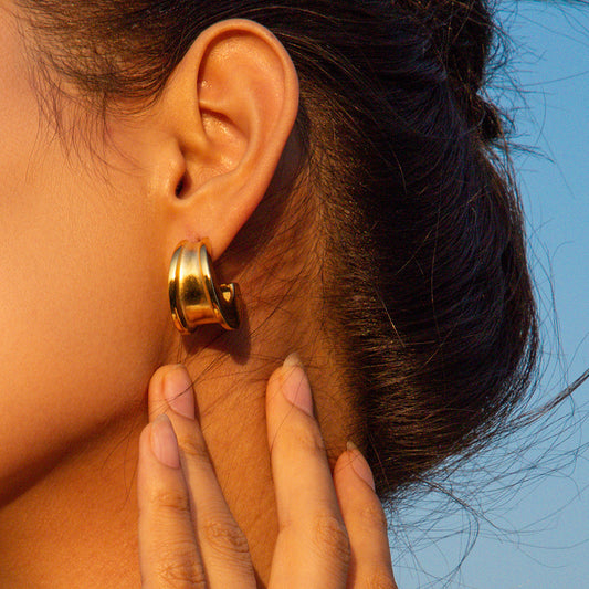 5pcs 18K Gold Stainless Steel C-Shaped Concave And Convex Edge Earrings Blogger With Fashion All-Matching Earrings Girl
