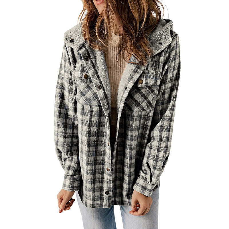 Winter New Casual Plaid Hooded Coat Woman Thick Plus Fleece Warm Jacket Woman
