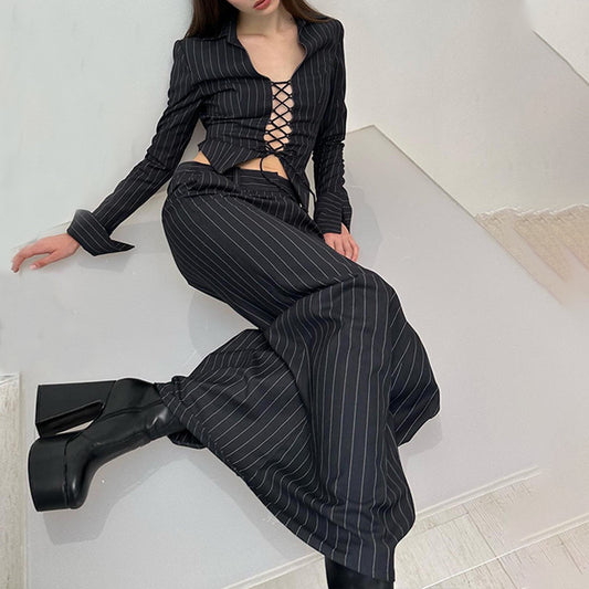 Women's Autumn New Sexy Temperament Satin Lace-Up Long Sleeve Top Fashion Skirt Suit