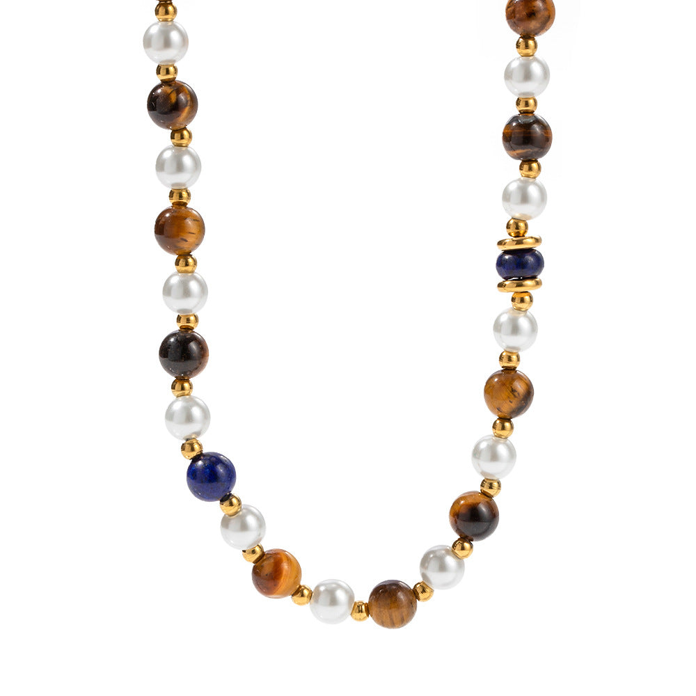 5pcs Titanium Steel Necklace 18K Gold Stainless Steel Inlaid Pearl Lapis Gold Stone Tiger Eye Stone Bead Necklace Jewelry