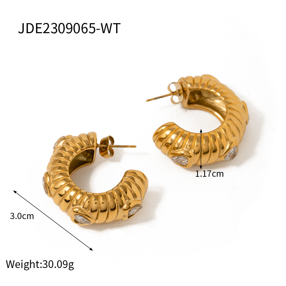 5pcs 8K Gold Stainless Steel Zircon Inlaid White Zircon Bread C-Shaped Earrings Temperament Earrings For Women